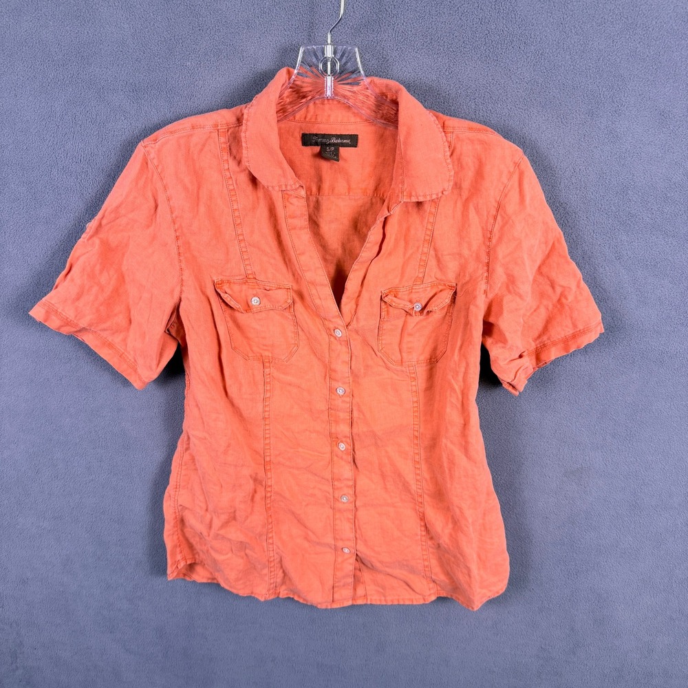 Tommy Bahama Linen Shirt Womens Small Orange Short Sleeve Button Up Safari